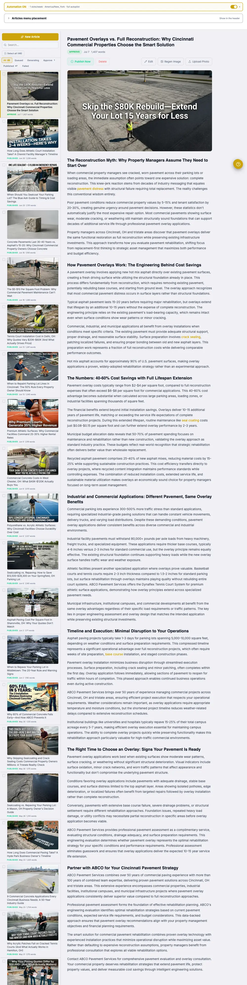eezyRank dashboard scrolling a long finished article beside a list of 48 articles