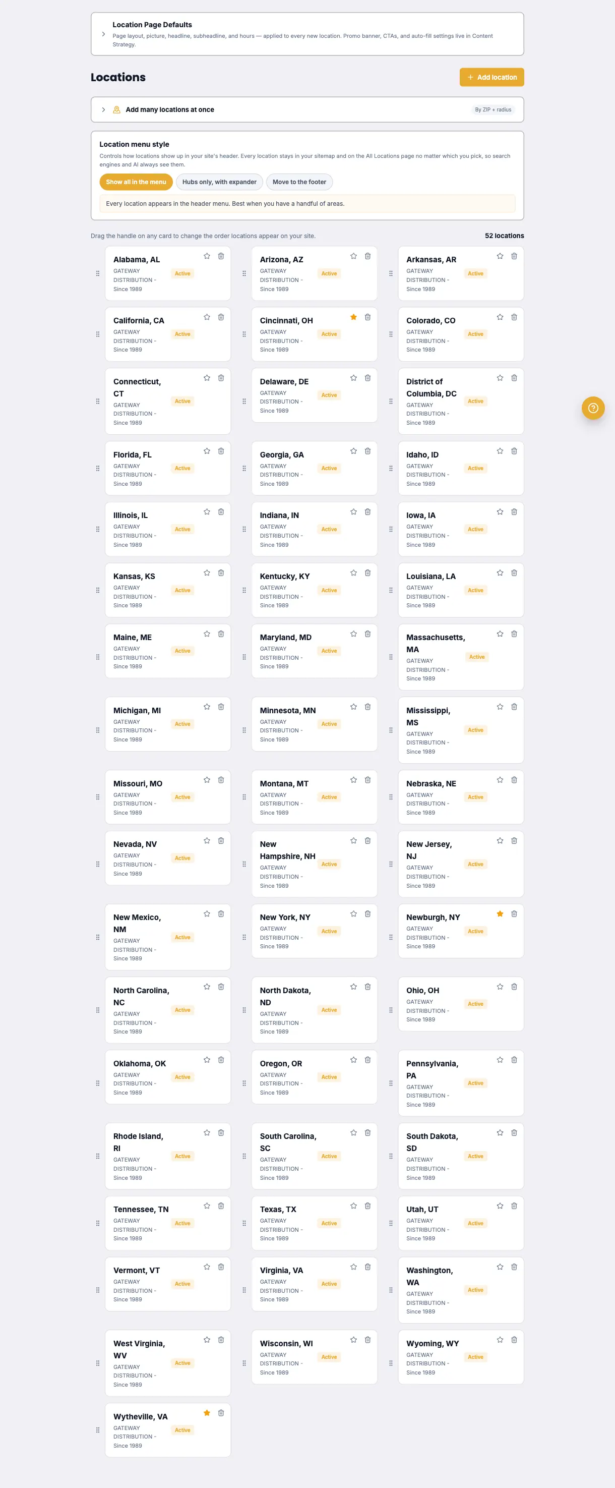 eezyRank dashboard scrolling through 52 location cards covering 48 states