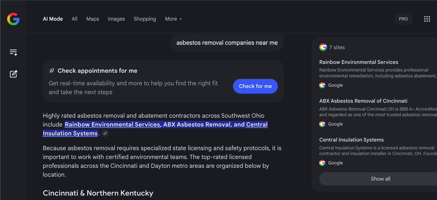 Google AI Mode answer naming Central Insulation Systems as one of three asbestos removal companies