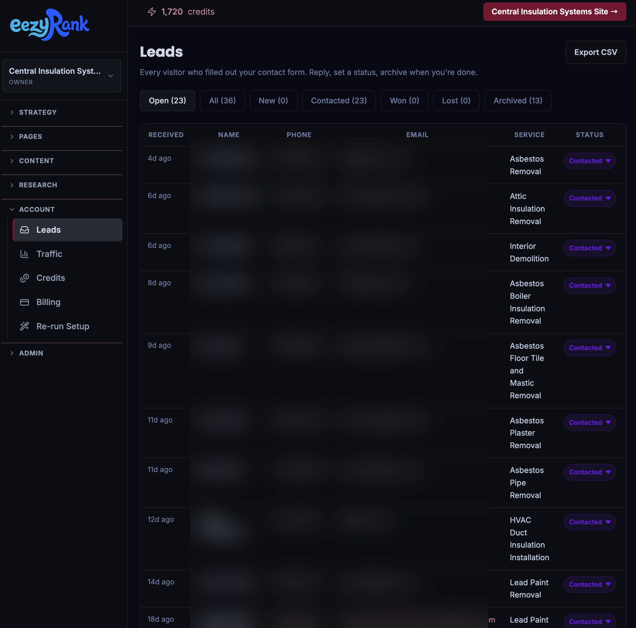 Central Insulation Systems leads dashboard showing 23 open leads